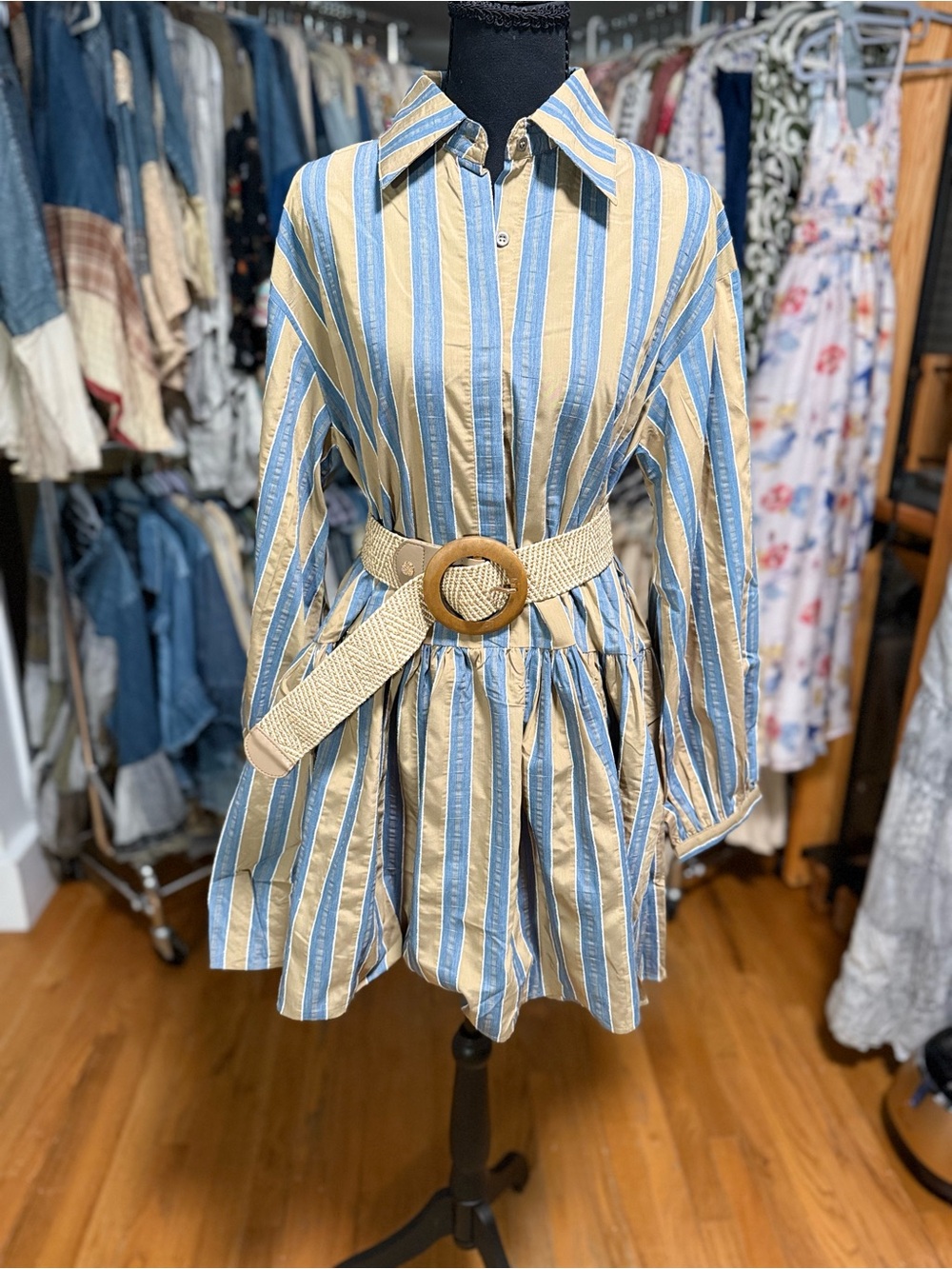 MEET ME IN SANTORINI Striped Babydoll Shirt Mini Dress Blue Tan NWT - Picture 4 of 6